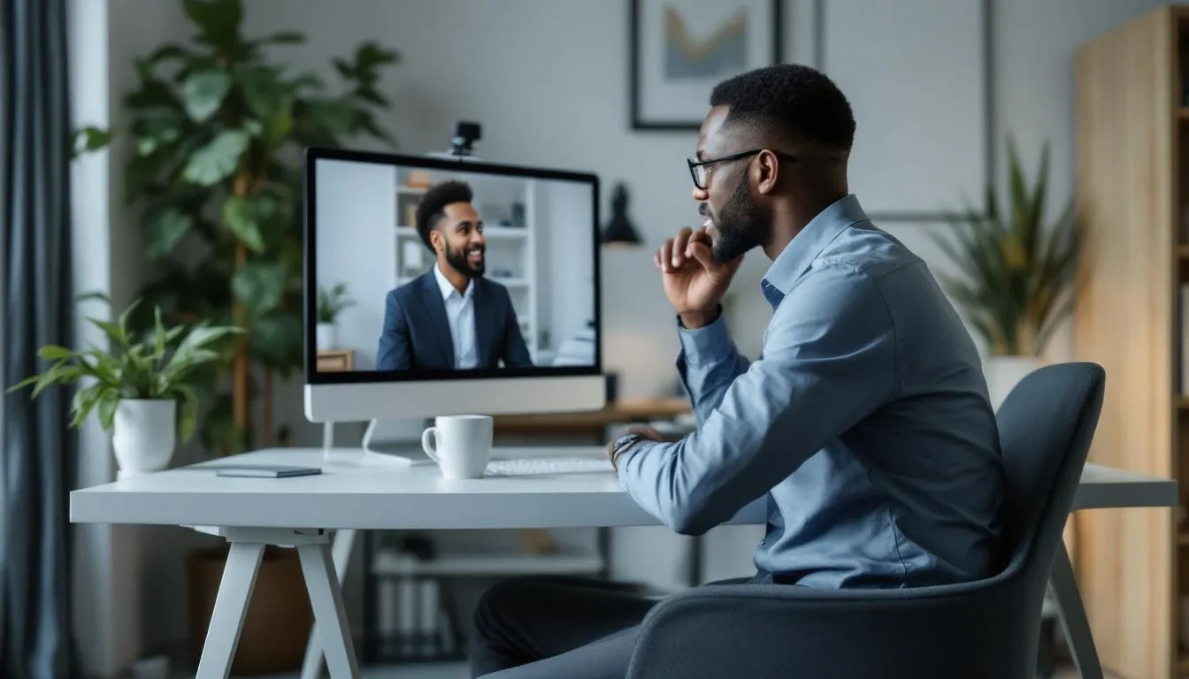 The image shows a manager engaged in a one-on-one video call with a remote employee, highlighting the dynamics of remote work and the importance of maintaining work-life balance. This interaction reflects the challenges many remote workers face, such as managing time independently while striving for employee well-being and job satisfaction.